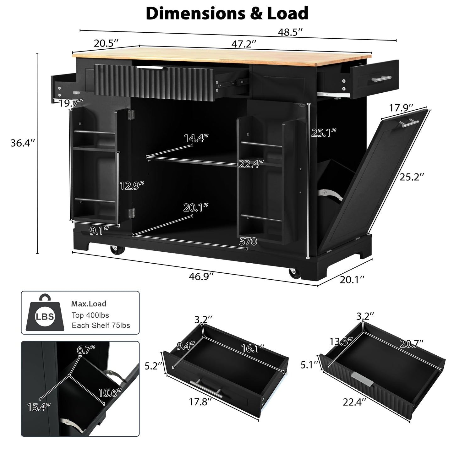 Ball & Cast Fluted Kitchen Island with Trash Can Storage Cabinet,Power Outlet,Internal Storage Rack,Rolling Kitchen Islands On 5 Wheels W/3 Drawers & 3 Open Side Racks for 10 Gallon Garbage Bin,Black
