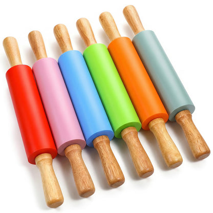 6 Pack 15 Inch Silicone Rolling Pins for Baking, Rolling Pin Non Stick with Wooden Handle, Small Rolling-Pins for Dough, Cookie, Pastry, (6 Colors)