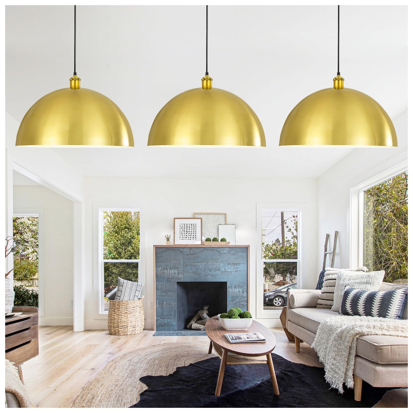 YOGIRL Gold Pendant Light, 20" Farmhouse Ceiling Light with Gold and White, Elegant Semi-Circular Shade Design, Adjustable Height Industrial Dome Pendant Lights for Kitchen Island, Dining Room