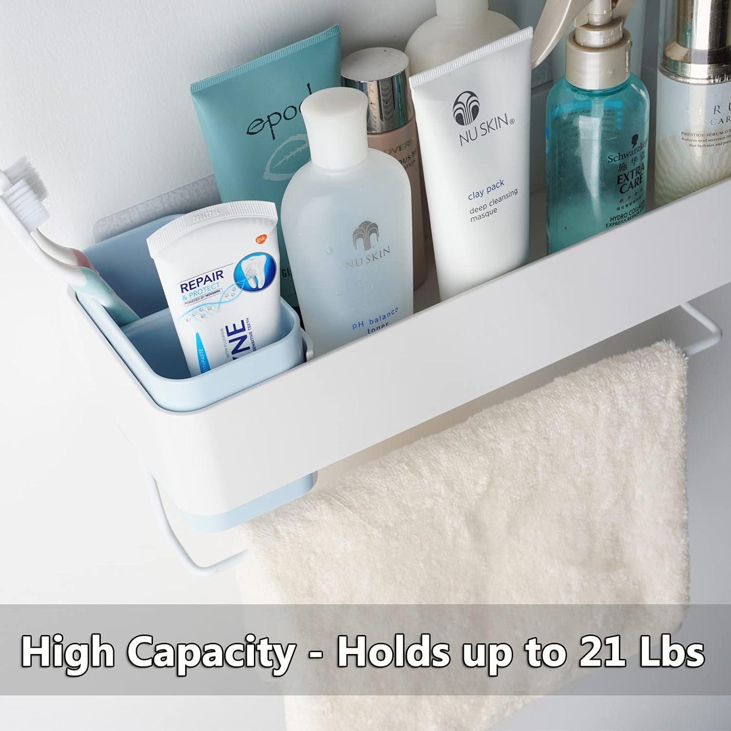 MORNITE Bathroom Organizer Mirror - Restroom Shelf Adhesive Wall Mount No Drilling Basket Rack Shelves Shower Caddy Blue