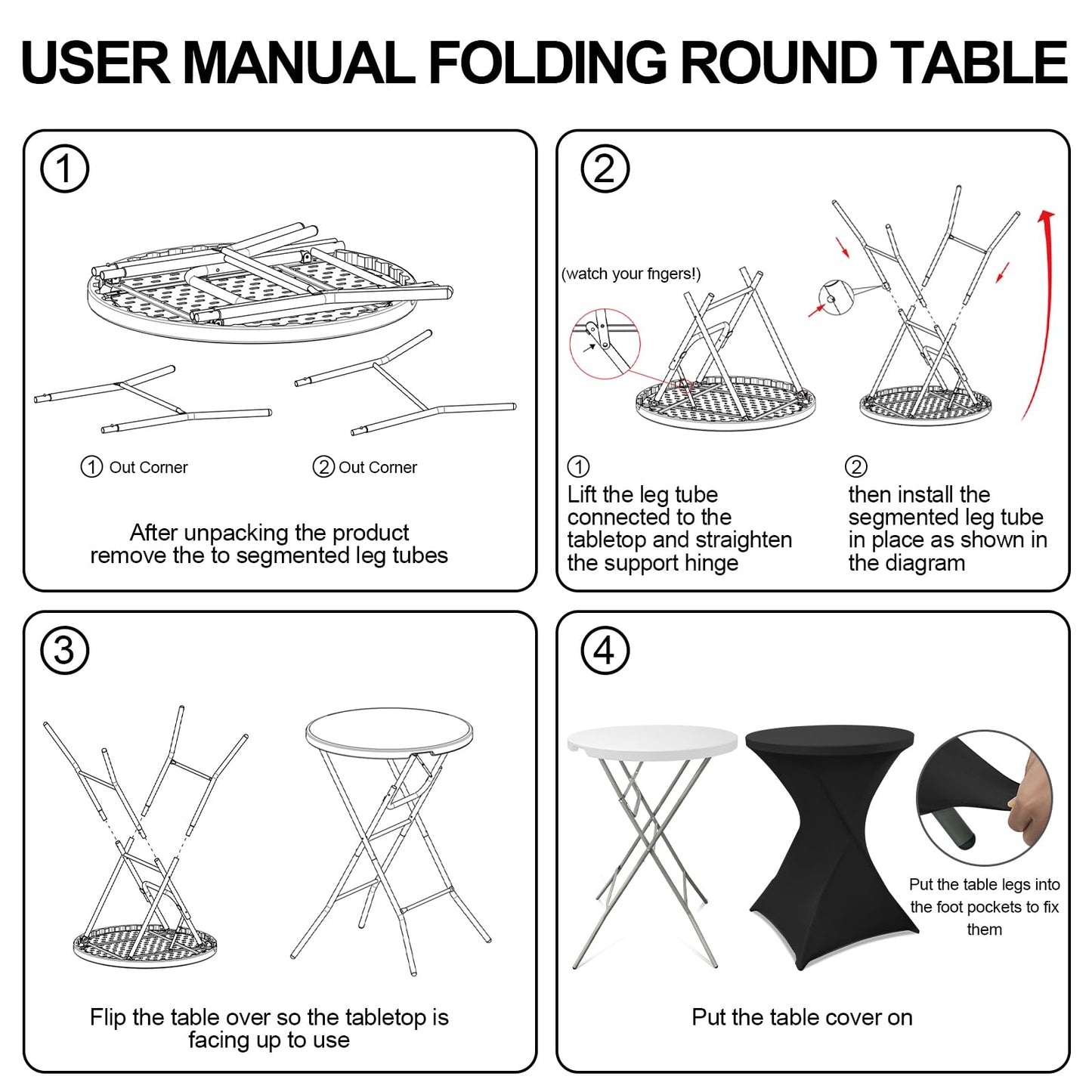 HTVSHEE 2 Set 32" High Top Table Round Folding Cocktail Tables with Removable Legs & 2 Stretch Covers White Tall Bar Table for Wedding Party Patio Events