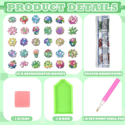 Remuuly 30 Pcs Succulent Diamond Painting Magnets, Spring Diamond Art Magnet Kits for Adults, Succulent Plant Flower 5D Rhinestones Refrigerator Magnetic Stickers for Beginner, DIY Crafts Fridge Gifts
