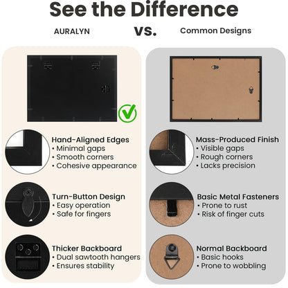 AURALYN Wall Frames 11x14 Picture Frame Set of 3 – Fits 8x10 with Mat or 11x14 Without Mat – Wood Grain, Easy to Hang, Finger-Friendly, Includes Hanging Kit (Black Frames, 3 Pack)