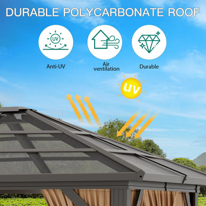 GAOMON 10'x12' Hardtop Gazebo, Outdoor Polycarbonate Double Roof Canopy, Aluminum Frame Permanent Pavilion with Curtains and Netting, Sunshade for Garden, Patio, Lawns (10x12ft), Brown