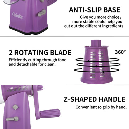 ChinKc Upgrade Rotary Cheese Grater Shredder with Handle, Strong Suction Base, Multi-purpose Rotary Grater Slicer with 5 Interchangeable Blades for Ice, Vegetables, Fruit, Nuts with Blade Storage Box