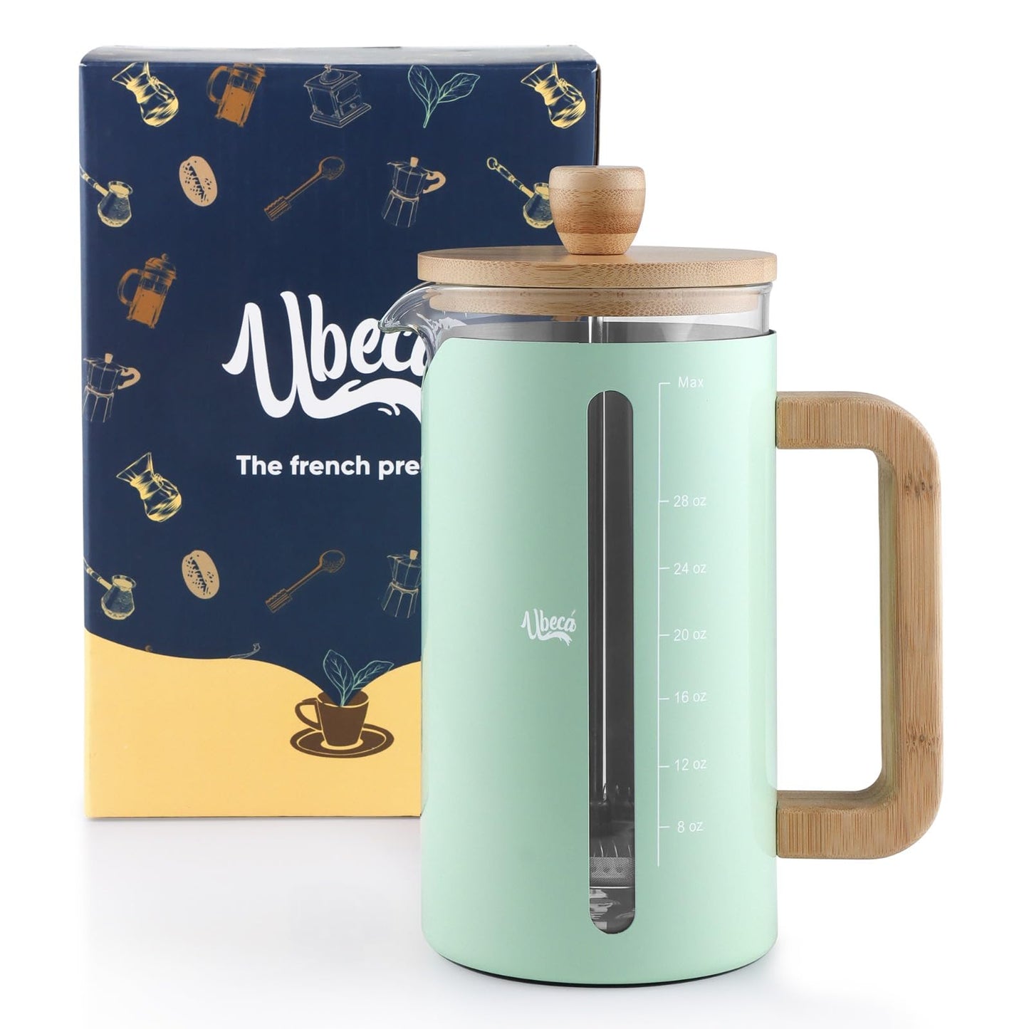 Ubeca French Press 34 oz Coffee Maker | Mint Green | Thick Borosilicate Glass | Bamboo Handle 2-Layer | Stainless Filter and cover | Easy Clean Eco-Friendly Gift ready Set