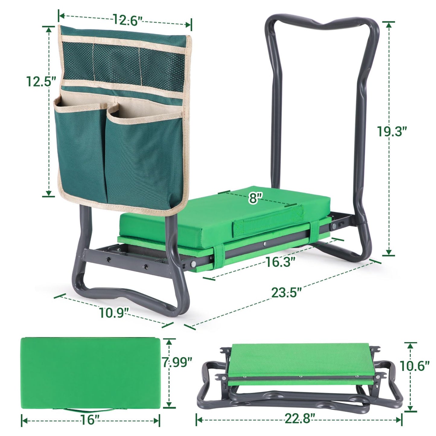 Ohuhu Garden Kneeler and Seat: Upgraded Widened Gardening Stool with Detachable Soft Kneeling Pad, Foldable Garden Bench Heavy Duty with Large Tools Bag and Pouch, Gifts for Women Men Seniors Gardener