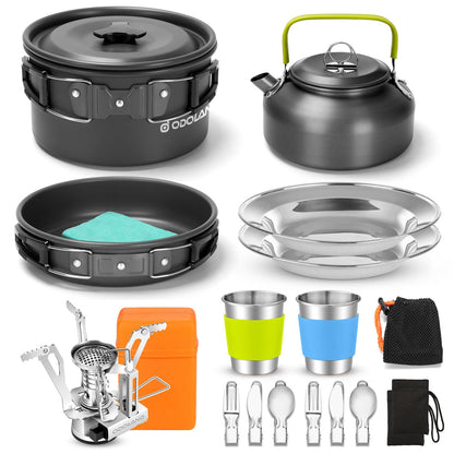 Odoland 16pcs Camping Cookware Set with Folding Camping Stove, Non-Stick Lightweight Pot Pan Kettle Set with Stainless Steel Cups Plates Forks Knives Spoons for Camping Backpacking Outdoor Picnic