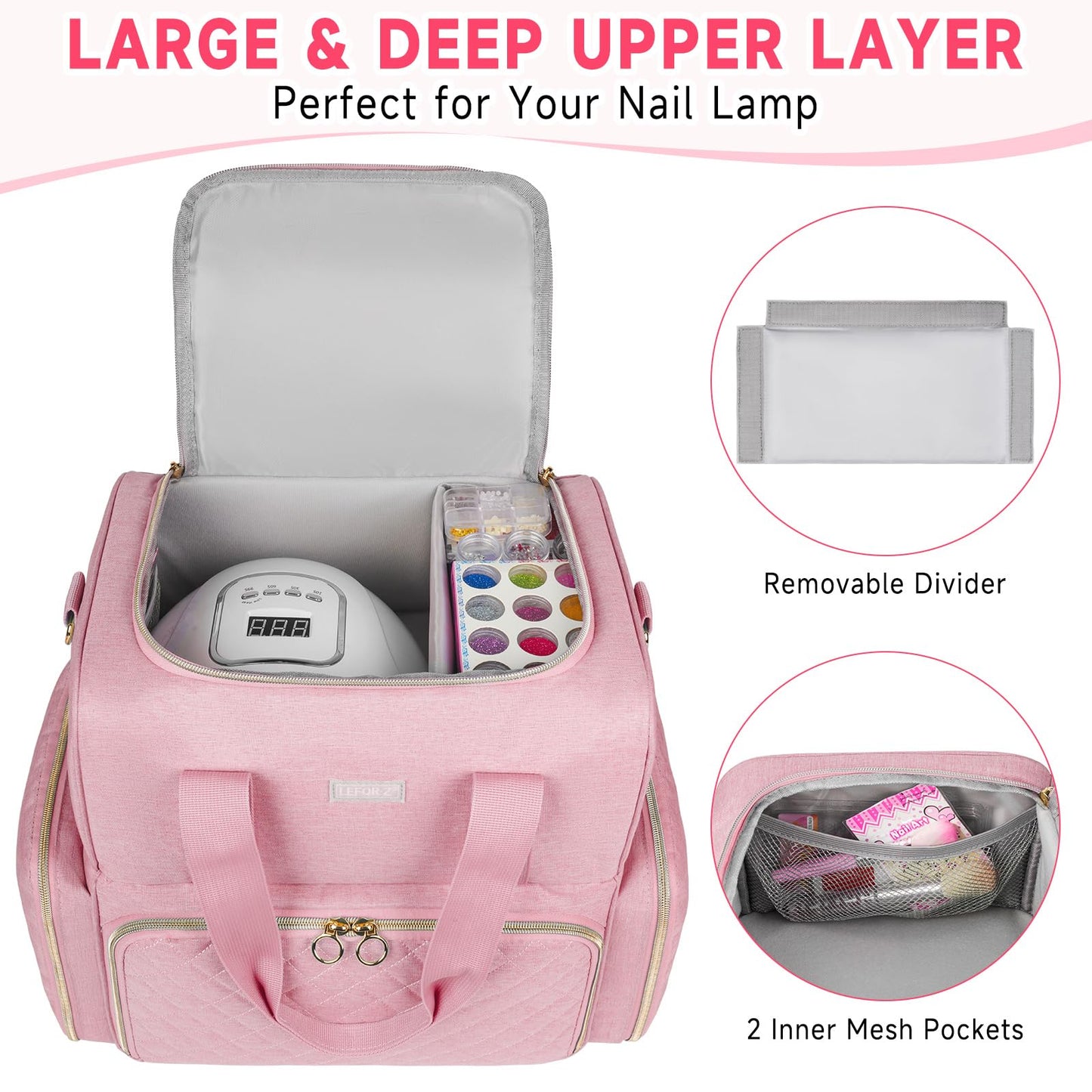 Nail Polish Organizer Holds 80 Bottles and a Nail Lamp,Nail Polish Carrying Case with 2 Removable Bags,Nail Organizers and Storage for Nail Tech,Portable Nail Polish Holder for Nail Supplies,Pink