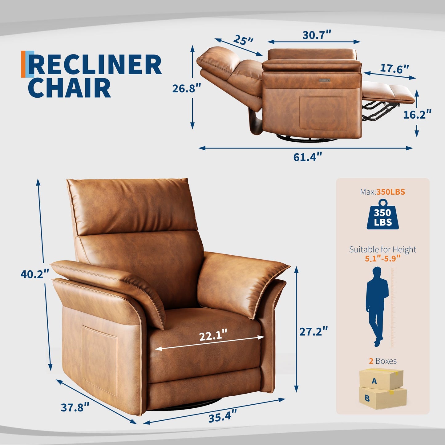 IDEALHOUSE Power Recliner Chair with Side Pockets, 270° Swivel & Glider, USB Charging Port, PU Leather, Thickened Dual-Layer Armrests, Modern Recliner for Living Room, Bedroom (Walnut)