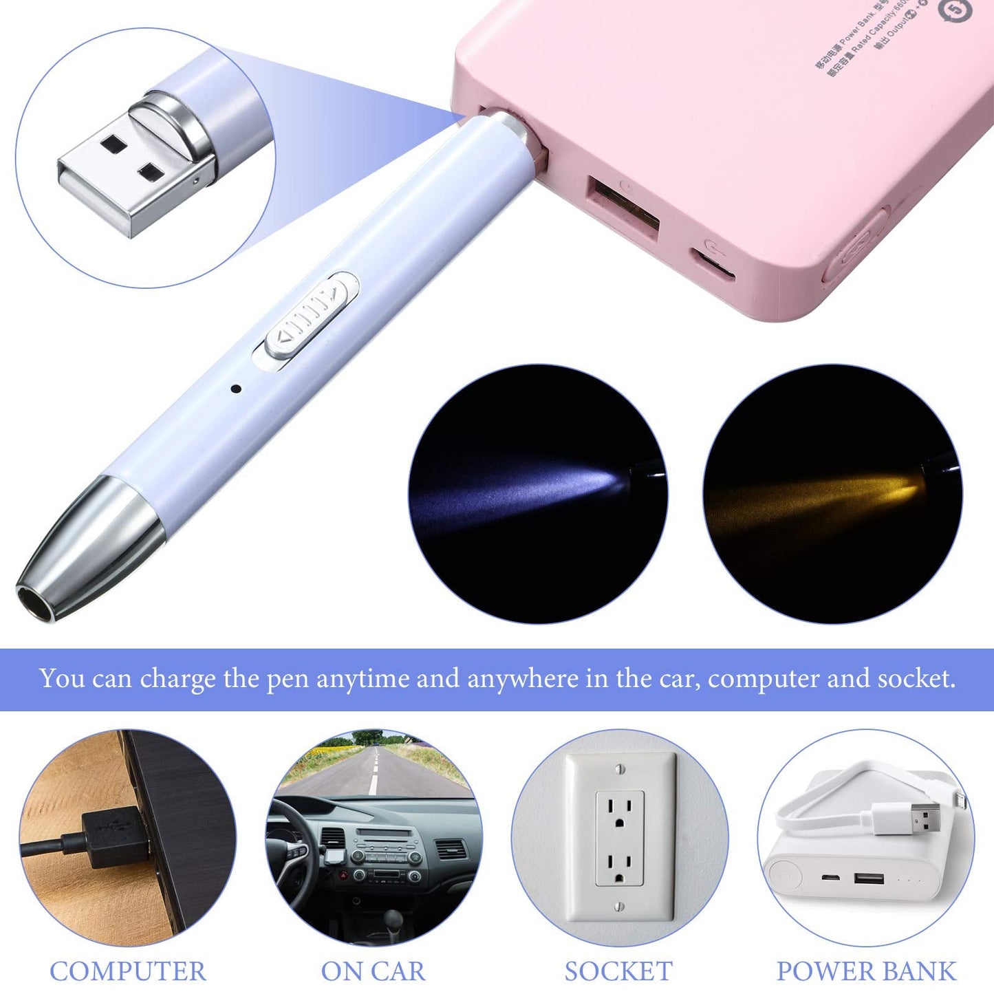 Zonon 2 Pieces LED Diamond Painting Pen 5d USB Rechargeable Lighting Point Drill Pen with 10 Head and 20 Glue Clay for DIY Handicraft(Green, Purple)