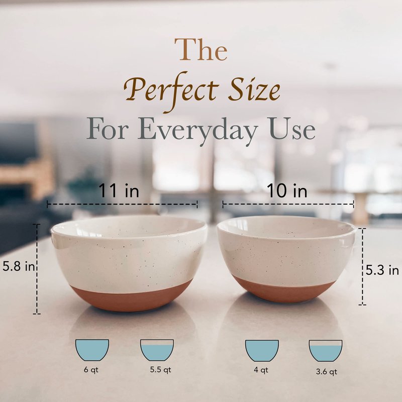 Mora Ceramic Large Mixing Bowls - Set of 2 Nesting Bowls for Cooking, Serving, Popcorn, Salad etc - Microwavable Kitchen Stoneware, Oven, Microwave and Dishwasher Safe - Extra Big 5.5 & 3.6 Qt - White