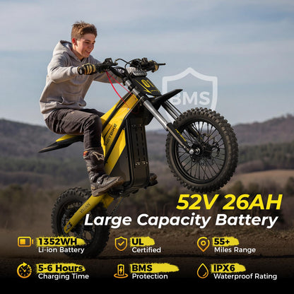 Heybike Villain Electric Dirt Bike with 4160W Motor, 52V 26AH E Dirt Bike, 14/12" Fat Tire Dirtbike with Hydraulic Brakes, Up to 45 MPH & 50 Miles Moped Style Ebike（Standard; Sunflower Yellow）