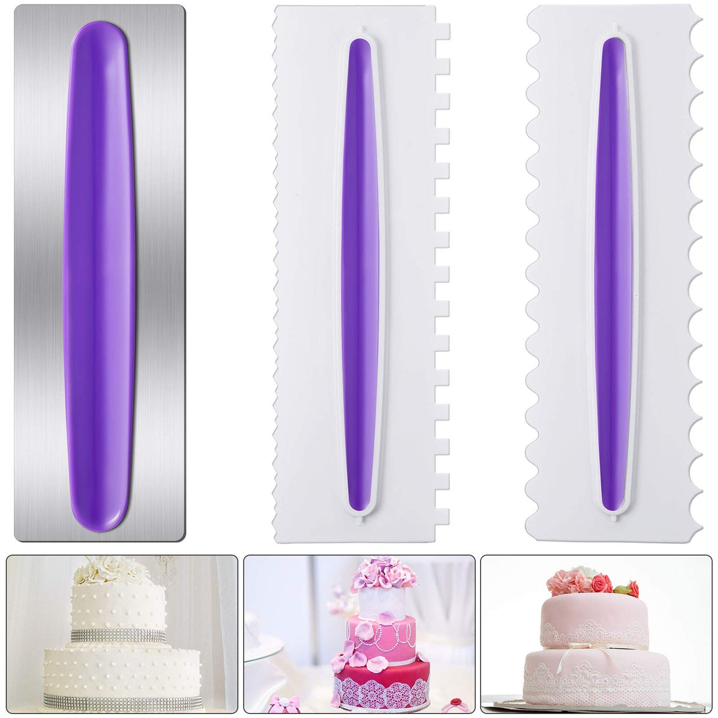 Patelai 3 Pcs Cake Scraper Cake Decorating Comb Set, Stainless Steel Icing Smoother with Plastic Edge, Cream Smoother Decorating Tools for Butter Cream Mousse 9 Inch