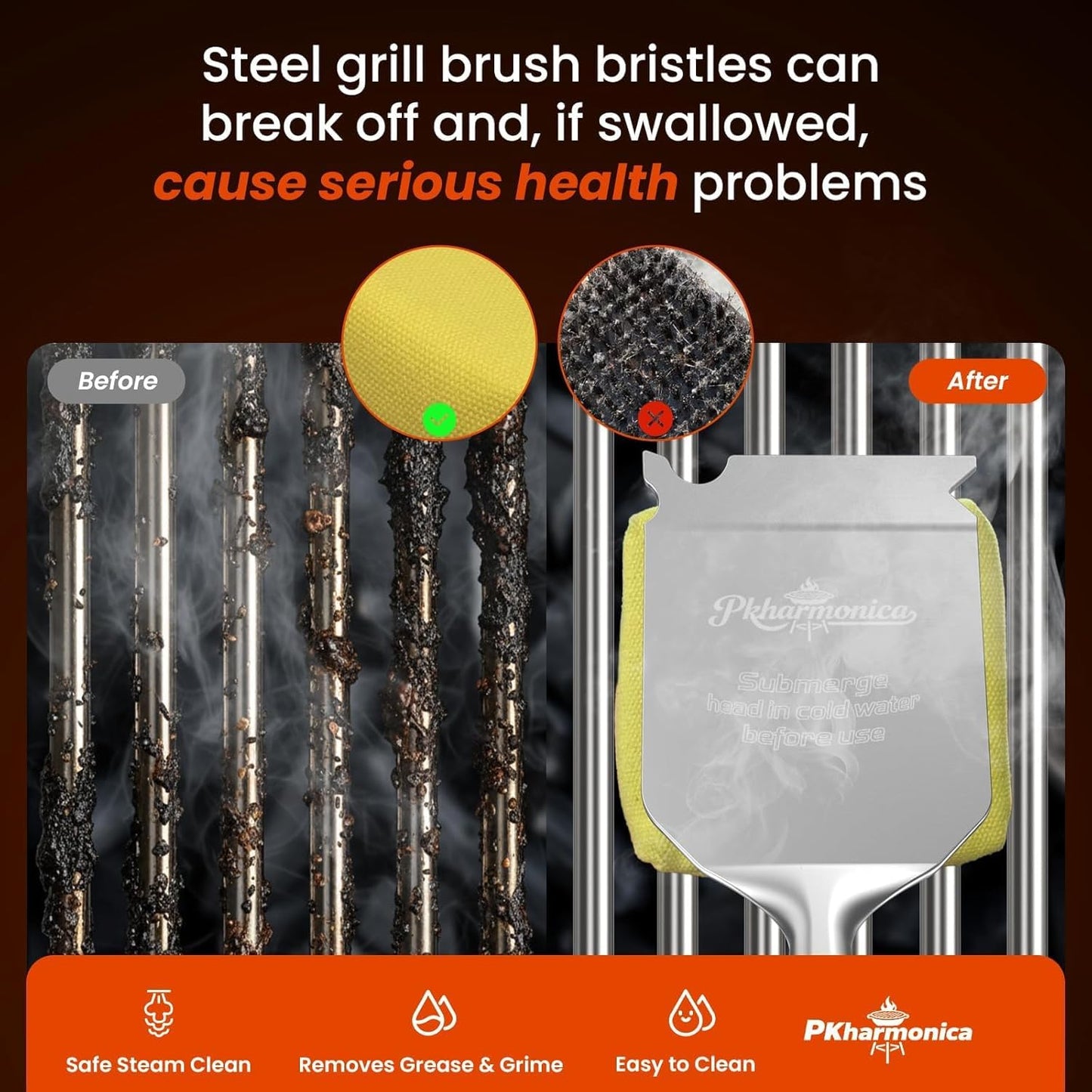 Grill Brush for Outdoor Grill, Bristle Free Grill Brush with Scraper, Safe Steam Grill Cleaner for BBQ &Griddle, Long Rosewood Handle Reaches Corners, for Porcelain, Cast Iron & Stainless Steel Grates