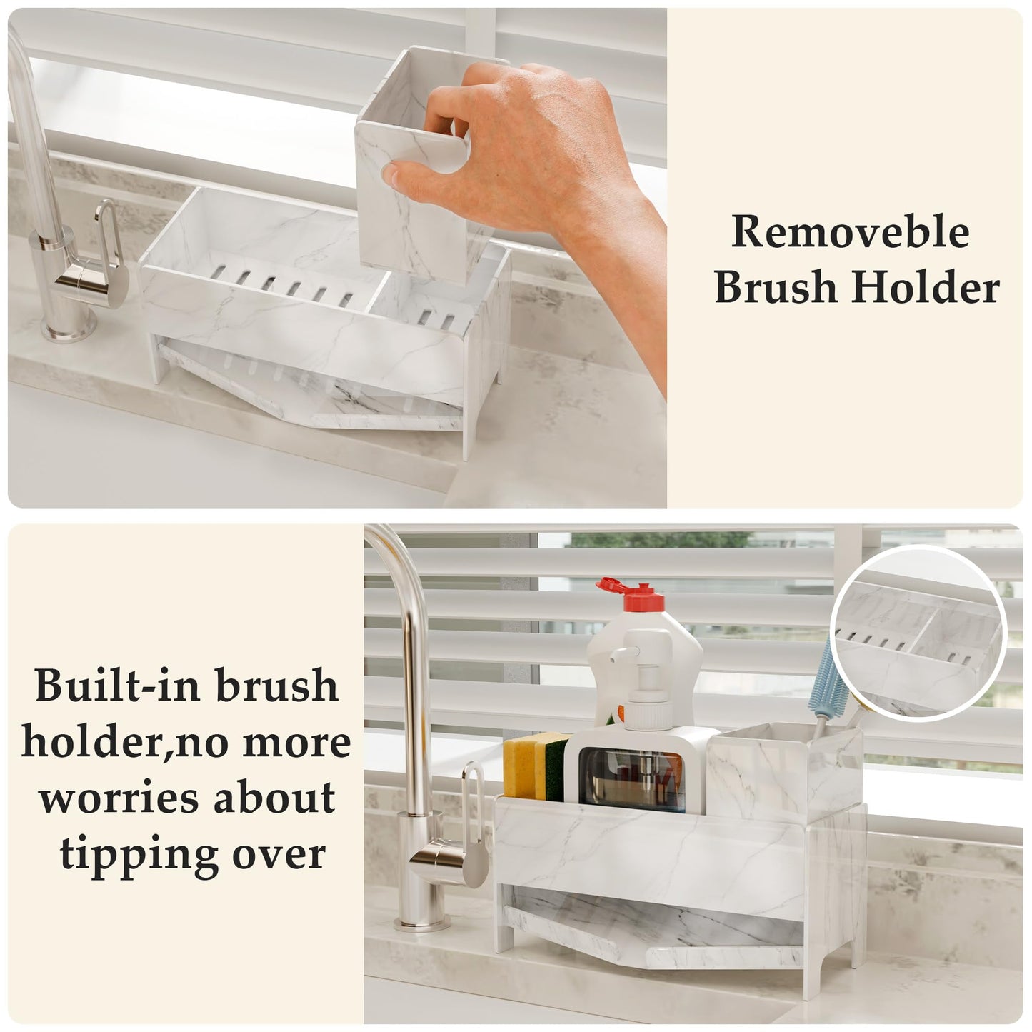 TIDIIABODE Sponge Holder for Kitchen Sink, Acrylic Sink Caddy Organizer with Removable Brush Holder, Countertop Soap Dispenser Organizer with Marble Texture, Kitchen Organizers Storage, White