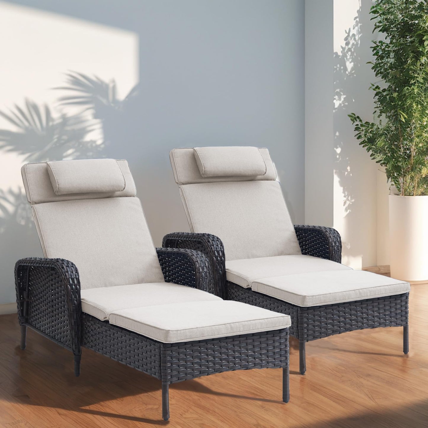 HUMMUH Patio Lounge Chairs Set of 2 - Chaise Lounge Chair with 5-Position Adjustable Backrest Outdoor Chaise for Poolside Beach Garden Deck Sunroom - Brown/Beige