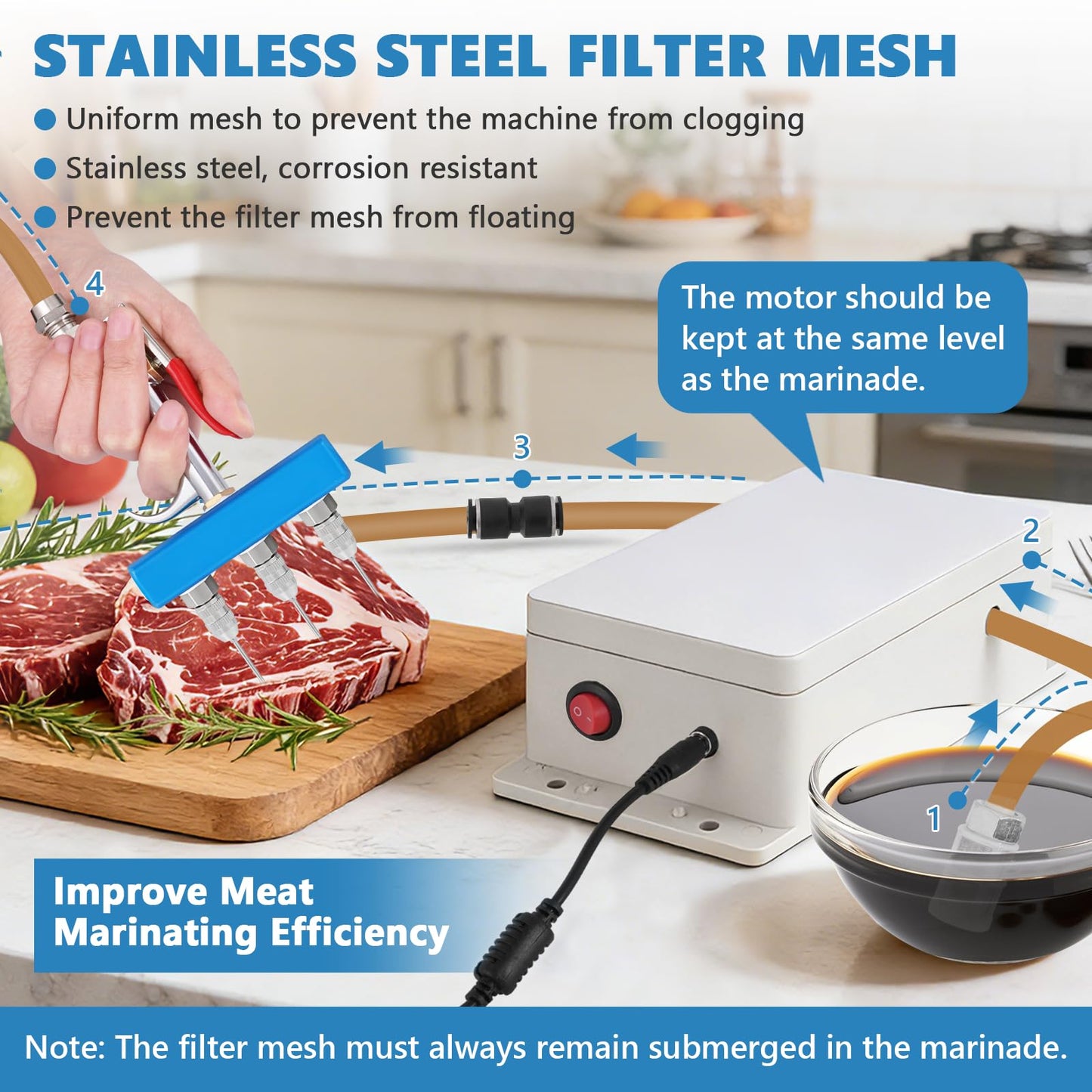 Electric Meat Injector Gun Pump with Hose, Stainless Steel Electric Marinade Injector 50W Meat Syringe Single Gun with 10 Needles for Roast Turkey, Pork, Beef (Three Needle)