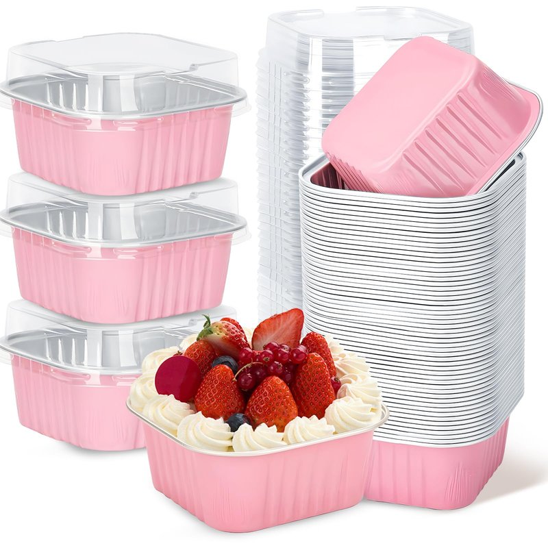 ylnurac 100Pack 5oz Pink Mini Cake Pans with Lids Baking Cups Aluminum Foil Pans Tins, Individual Dessert Cups Containers for Sales,Party,Picnics