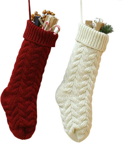 Set of 2 Crochet Knitted Christmas Stockings, Large 46CM Red White Cable Knit for Home Decor