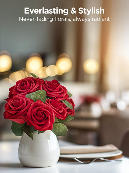 InnoGear Artificial Flowers, 50 Pcs Dark Red Foam Fake Roses Bulk with Stems for Mother's Gift Decoration Celebration DIY Wedding Bouquets Centerpieces Bridal Shower Party Christmas Tree