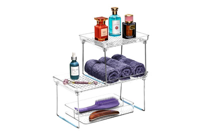 madesmart Stacking Shelf, Large, Vertical Storage with Airflow Holes, Organizer for Spices, Make-Up, Bottles & Jars, Blue