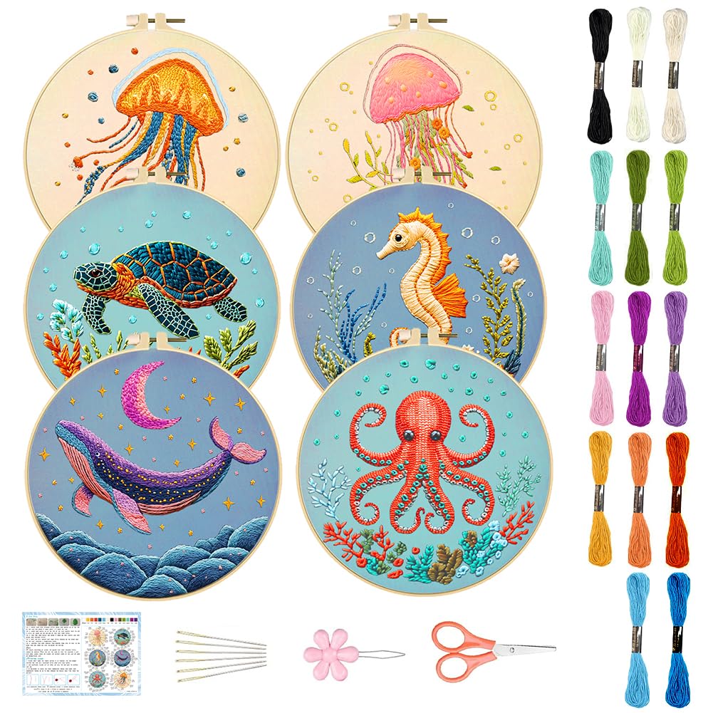 ACRNIGHEET 6PCS Embroidery Kit for Adults Beginners, Sea Animals Embroidery Starter Kit, Stamped Cross Stitch Kits for Crafts Lovers Gift Idea, Include Instructions 6 Stamped Embroidery Cloth 2 Hoop