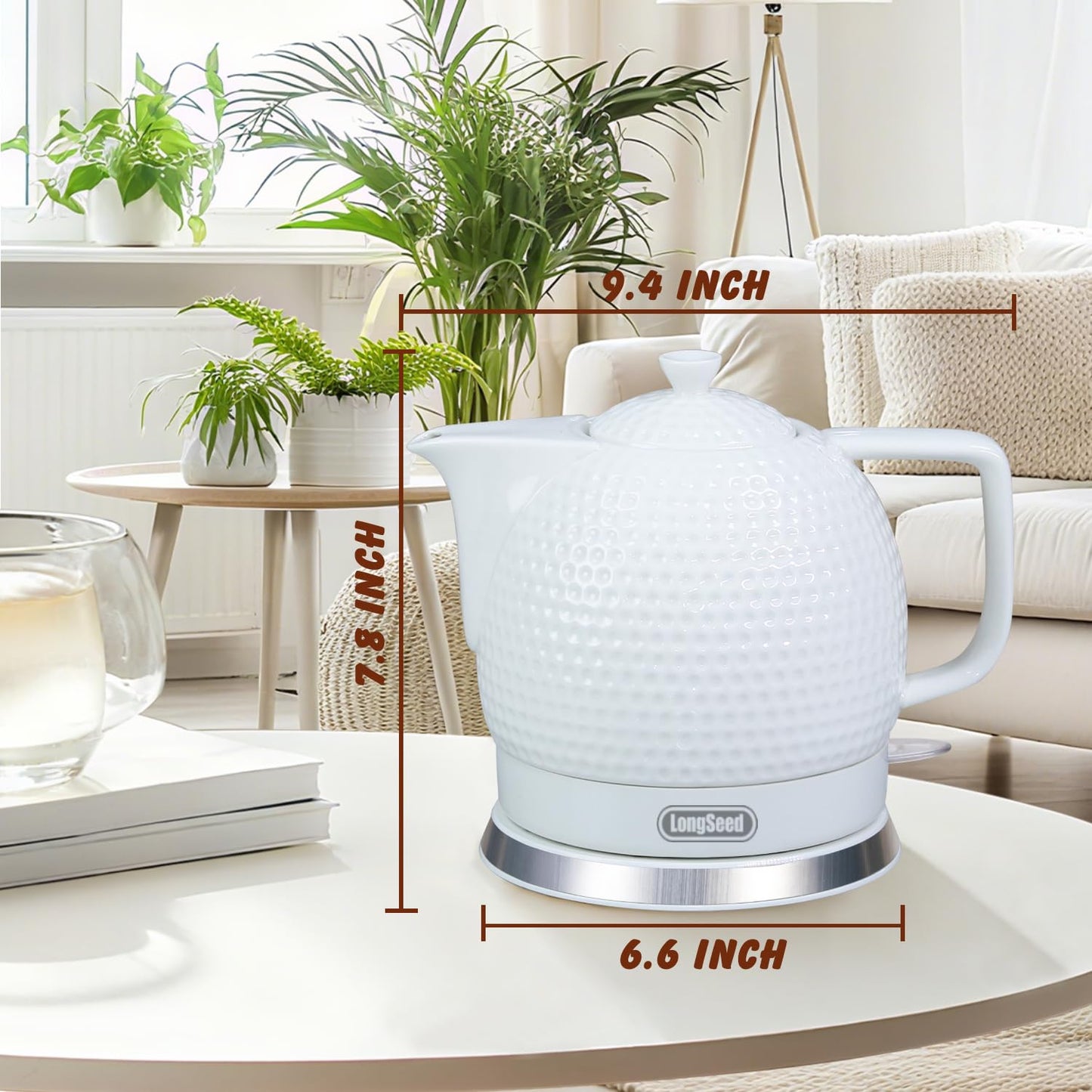 LONGSEED Electric Kettle, 1.2L Ceramic Tea Kettle with embossed design, BPA-Free,1500W Water Boiler with LED Light, Auto Shut-Off and Boil-Dry Protection,Pure white relief sculpture