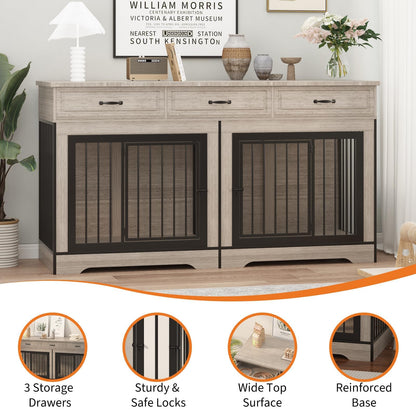 Extra Large Double Dog Crate Furniture – 70.9" Heavy Duty Wooden Kennel for 2 Medium or Large Dogs, Decorative End Table with 3 Drawers, TV Stand, Indoor Dog Cage with Double Doors