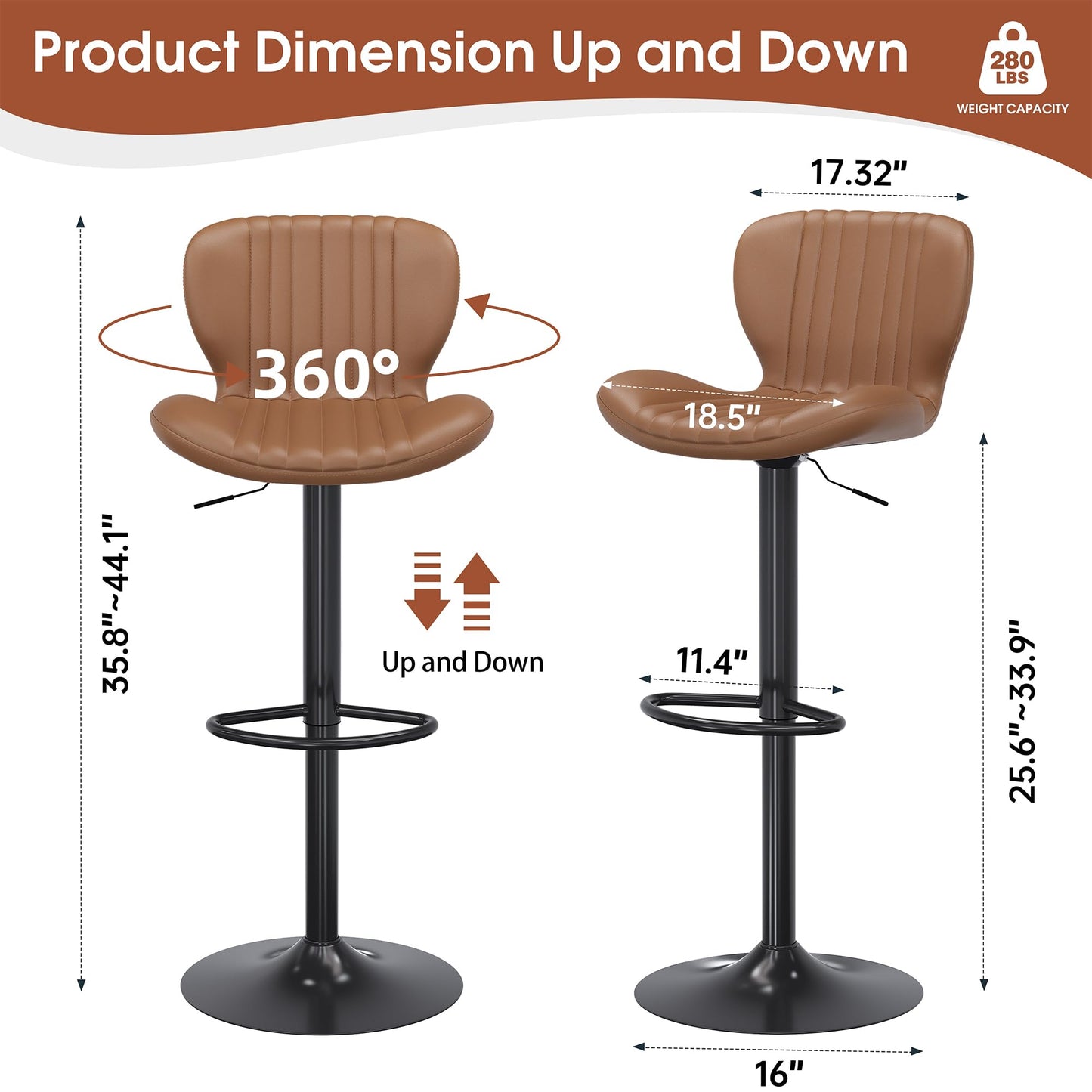 JAMFLY Bar Stools Set of 6, Leather Adjustable Barstools Counter Height Modern Bar Stools, Island Chairs Set of 4 for Kitchen, Brown