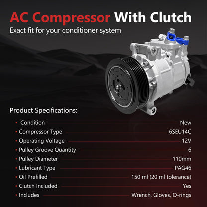 HYR New Air Conditioner AC Compressor with Clutch Compatible with Audi A4 A4 Quattro 2005-2013, Q5 2011-2012, A5 A5 Quattro 2010-2012, A6 2012-2015, A6 Quattro 2013-2015, 1.8L 2.0L 3.2L