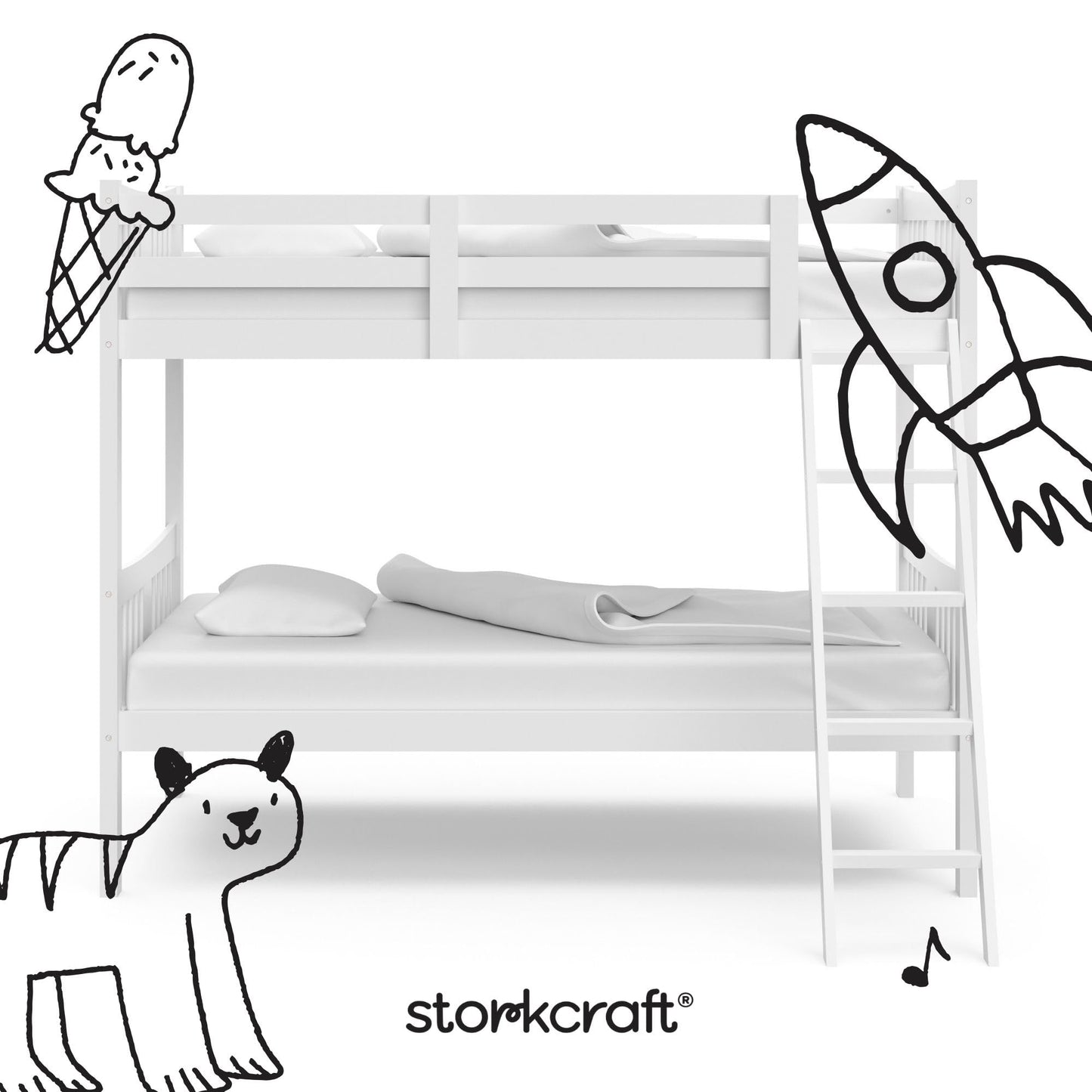 Storkcraft Caribou Bunk Bed Twin Over Twin Bunk Bed (White) - GREENGUARD Gold Certified, Twin Bunk Beds for Kids, Converts to 2 Individual Twin Beds, Bunk Beds for Kids