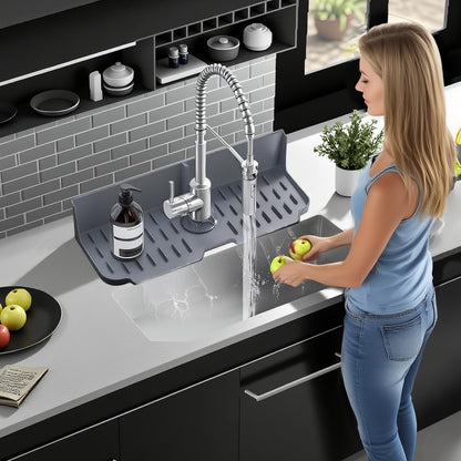 DAECHAO Sink Splash Guard Behind Faucet, Silicone Sink Faucet Drying Mat & Dish Soap Sponge Holder, 17" x 5.5" Silicone Kitchen Sink Auto Drain Organizer (Grey)