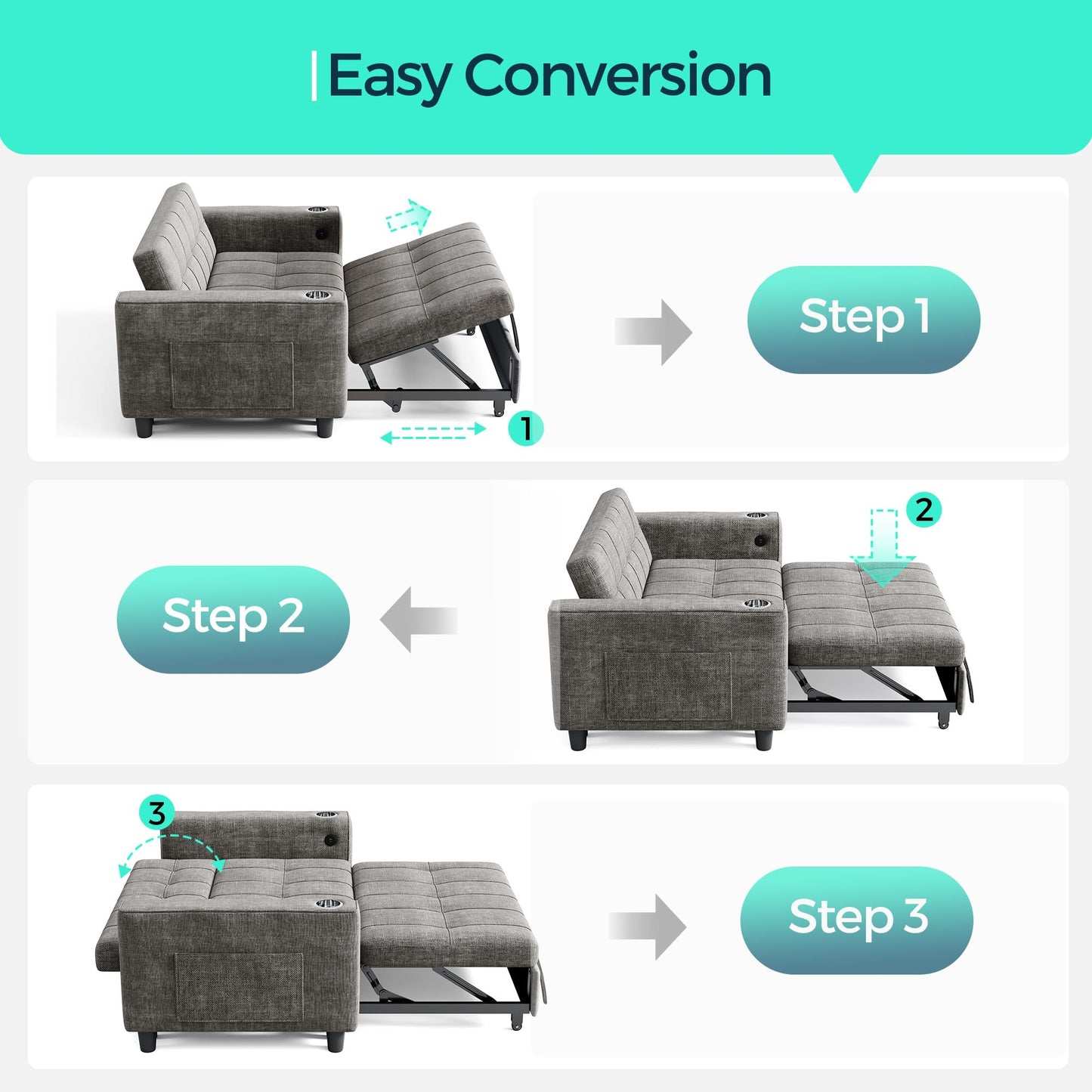 LINSY 54" Pull Out Couch with Charging Station, Small Sleeper Sofa Bed with Cup Holder, 3 in 1 Convertible Loveseat Sleeper Couch for Apartment, Dorm Room, Bedroom and Small Space, Gray
