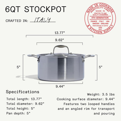 Made In Cookware | 6 Quart Stainless Steel Stock Pot With Lid | 5 Ply Stainless Clad | Professional Cookware | Crafted in Italy | Induction Compatible