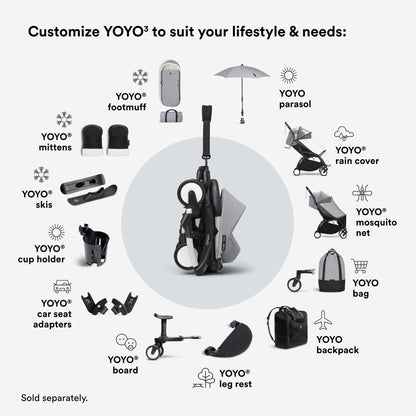 Stokke YOYO3 Stroller from 6 Months - Includes Black Frame/Stone Seat Cushion + Canopy - Folds in & Out in a Flash - Light & Compact - Carry-On Compatible