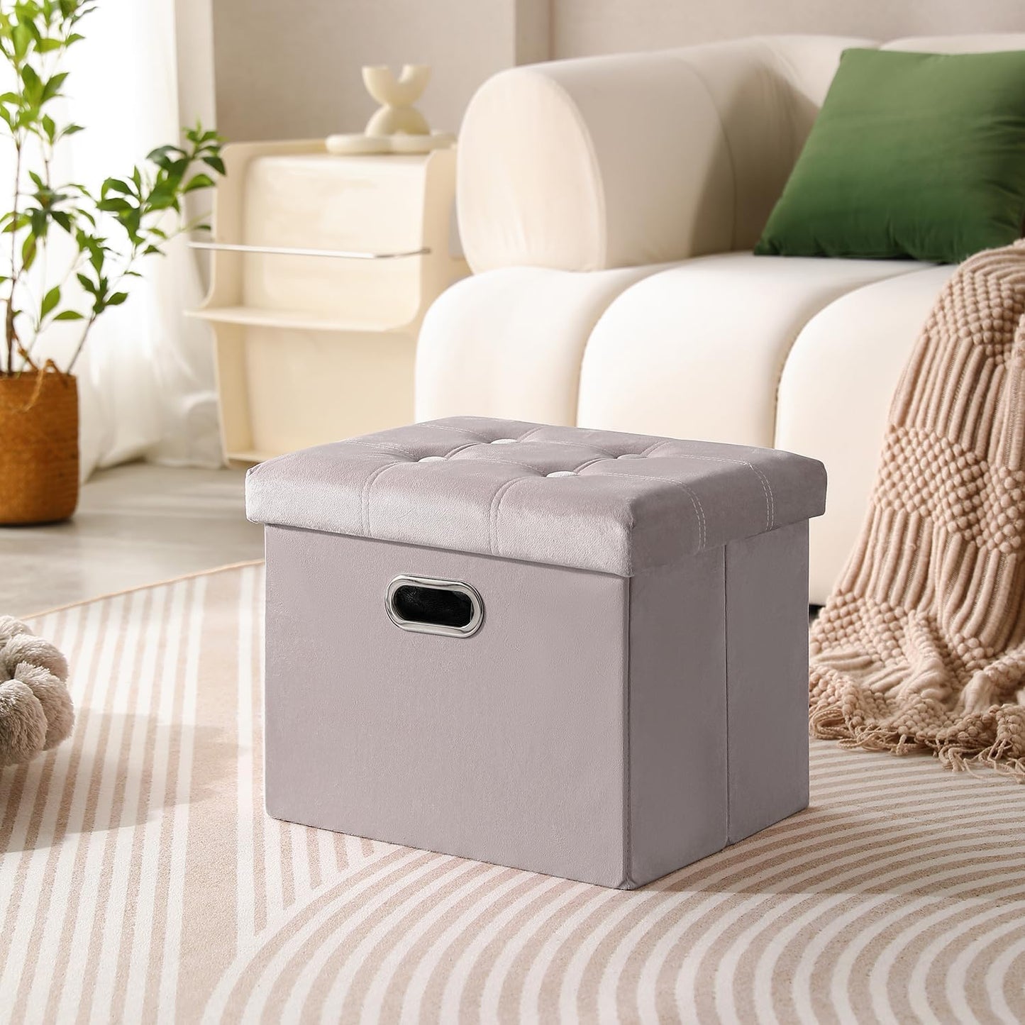 PRANDOM Ottoman with Storage [1-Pack], Velvet Folding Small Square Foot Stool with Lid for Living Room Bedroom, Light