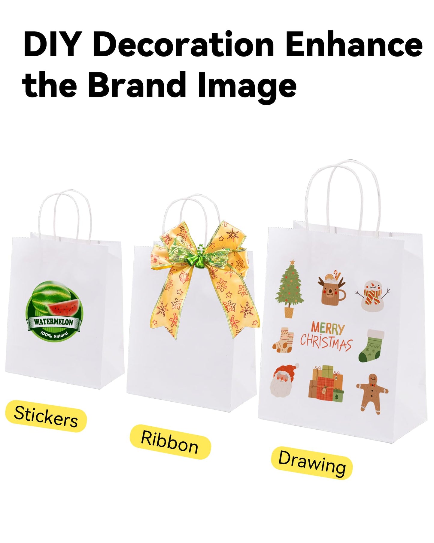 BAG BOX 100 Pack 8.25x4.3x10.6 Inch White Gift Bags with Handles,Bulk Kraft Paper Bags for Shopping, Retail, Merchandise, Wedding, Party Favors, Paper Grocery Sacks