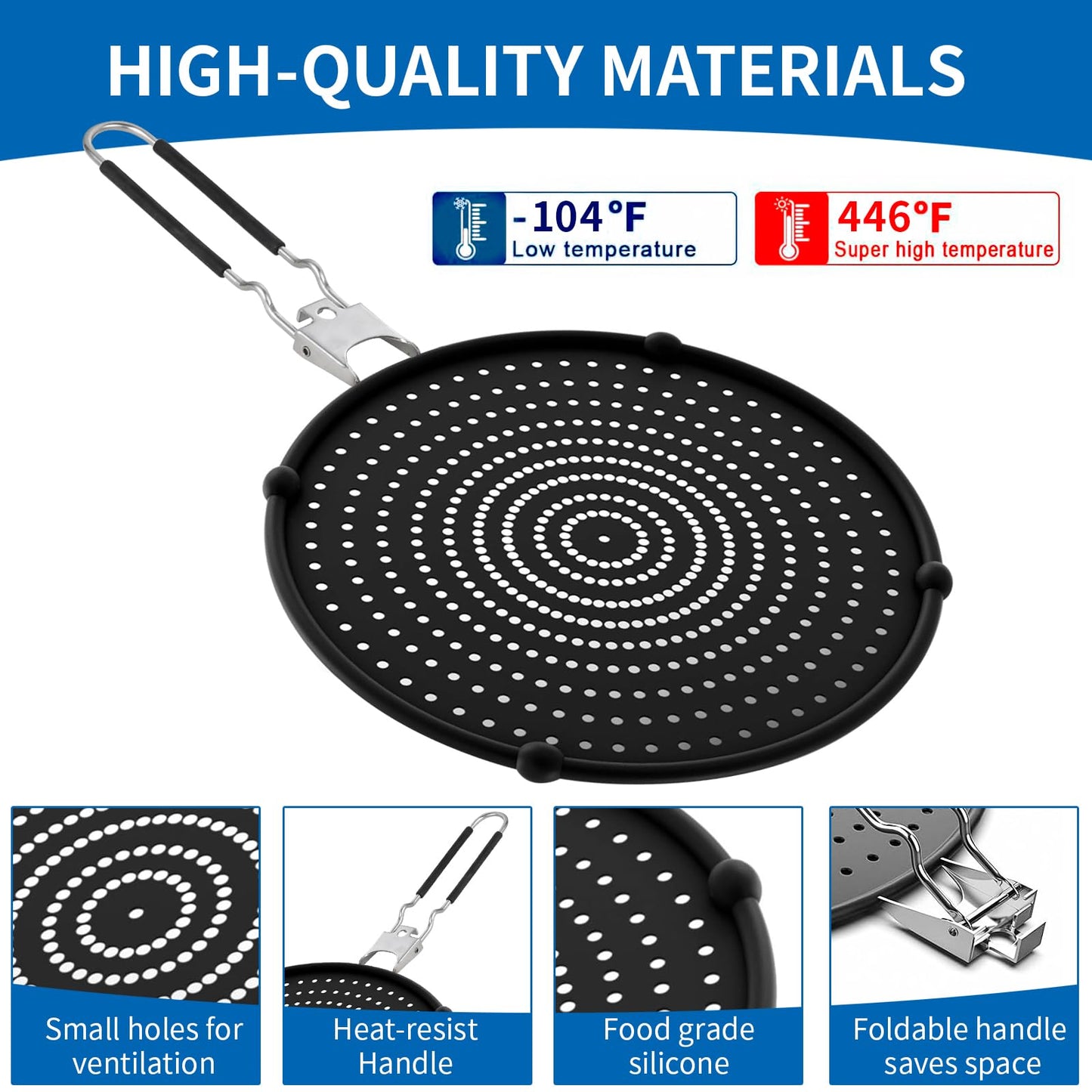 Splatter Screen Compatible with Hexclad,Heat Resistant Silicone with Folding Handle,Grease-Free Cooking,Dishwasher Safe,12.5 Inches,Black