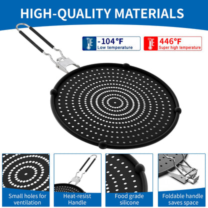Splatter Screen Compatible with Hexclad,Heat Resistant Silicone with Folding Handle,Grease-Free Cooking,Dishwasher Safe,12.5 Inches,Black