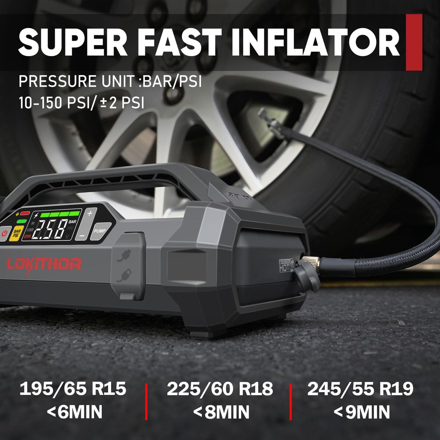 LOKITHOR JA300 Jump Starter with Air Compressor, 1500Amp 12V Portable Car Battery Booster Pack for Upto 7.0L Gas or 4.5L Diesel, 150 PSI Tire Inflator with Digital Screen, 24 Months Ultra-Long Standby