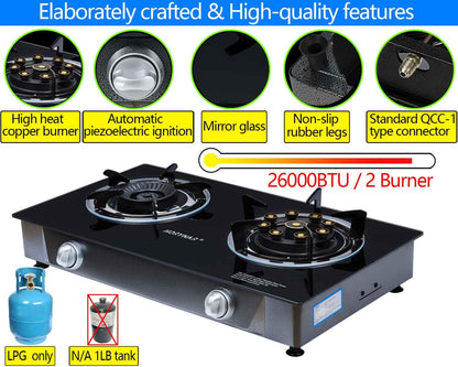 Horynar Propane Stove 2 Burner Gas Stove Novel 9 Copper Propane Burners Auto Ignition Tempered Glass with LPG CSA Hose for Outdoor Cooking,Emergency