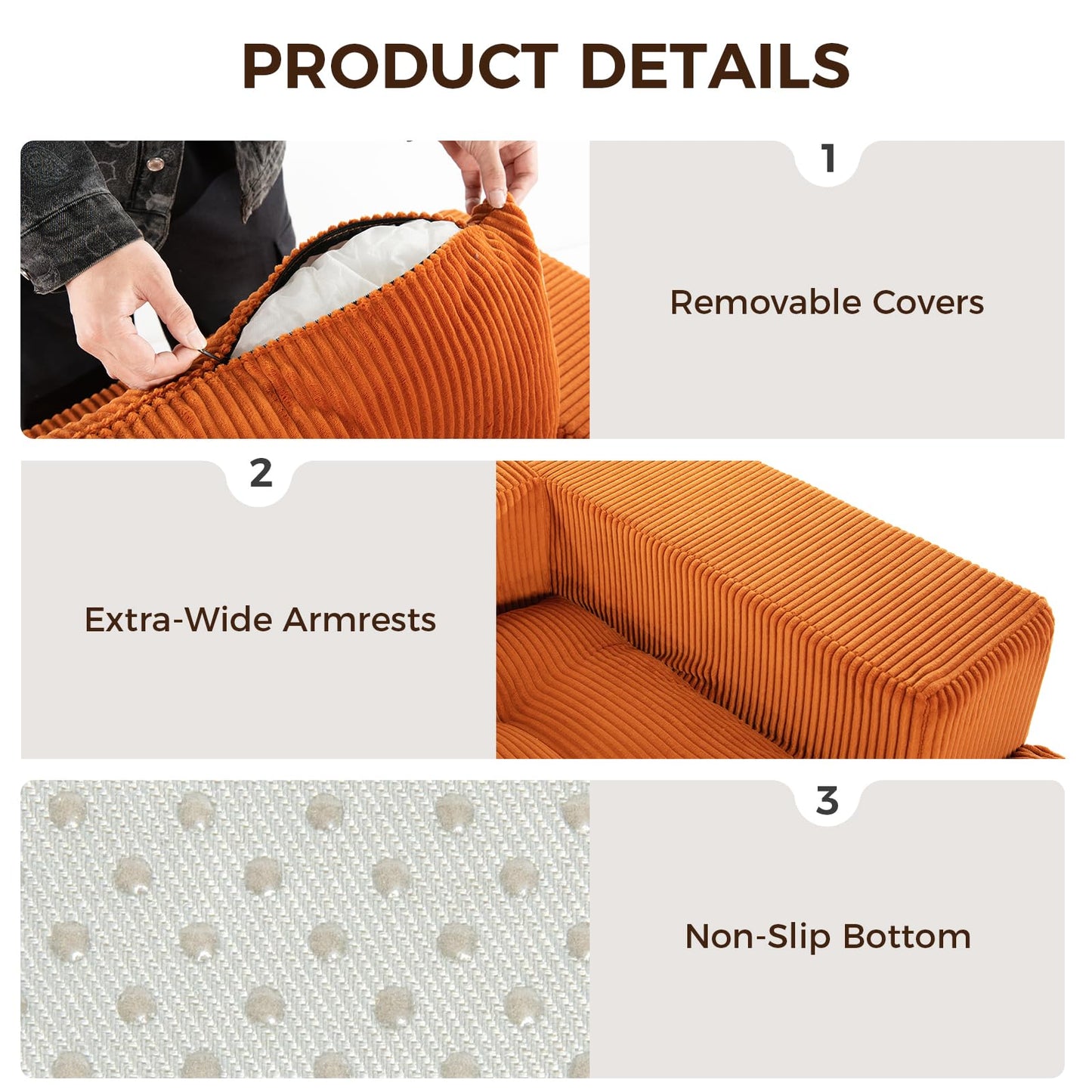 KEIKI 101" L-Shaped Modular Sofa, 3-Seater Compression Cloud Couch with Movable Ottoman, Corduroy Fabric Deep Seat Sectional, No Assembly Convertible Sofa for Apartment Small Living Room