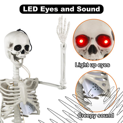 DUNCHATY Halloween Hanging Posable Skeleton - 3FT Prop Skull with LED Glowing Eyes and Creepy Shrilling Sound - Sound Activated Outdoor Halloween Decorations Skeleton Decoration