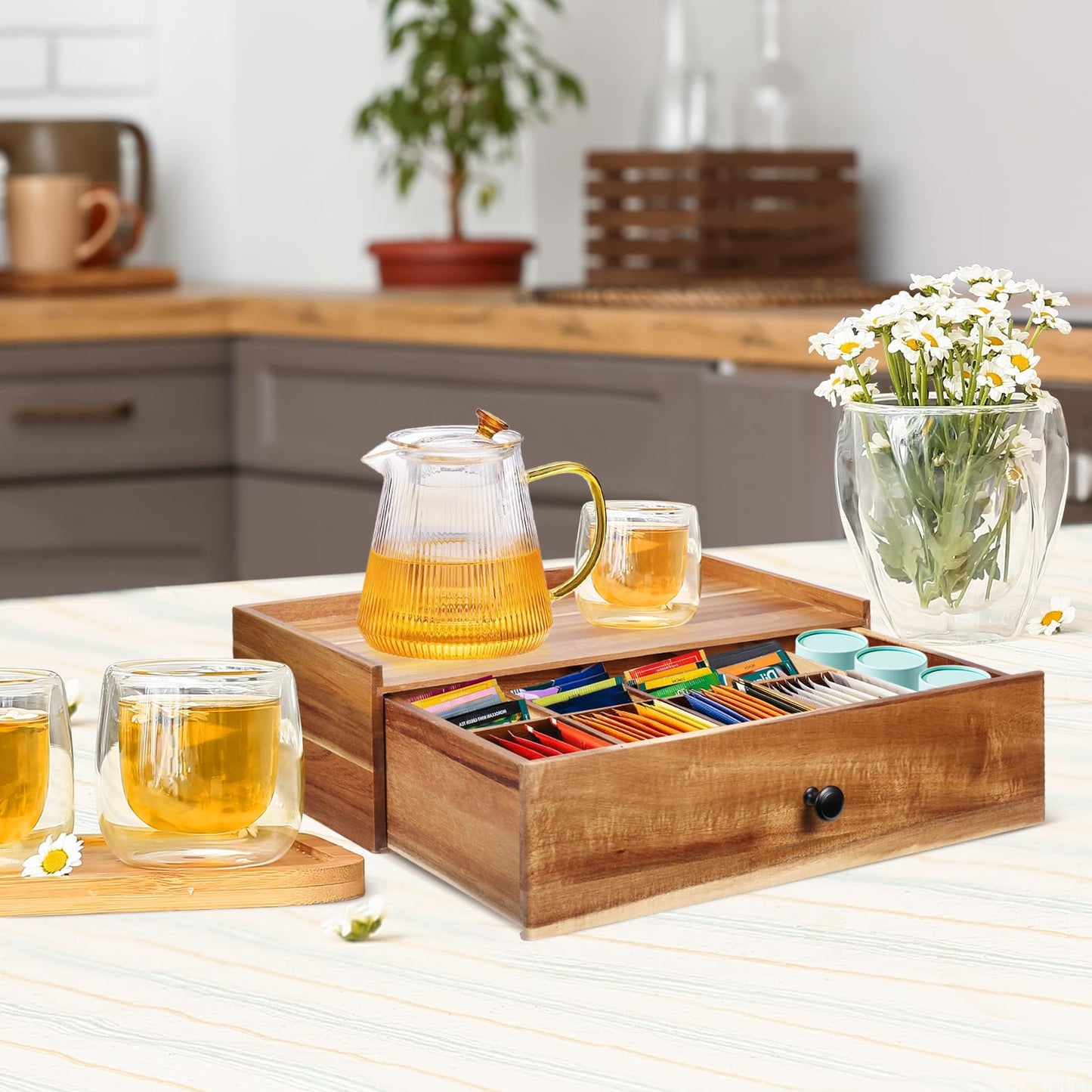 Acacia Wood Tea Bag Organizer with Tea Bag Squeezer, Tea Box Organizer Storage Box, Tea Bag Holder with Drawer, Tea Caddy for Tea Bags, Tea Bag Storage Station, Tea Bar Accessories for Countertop