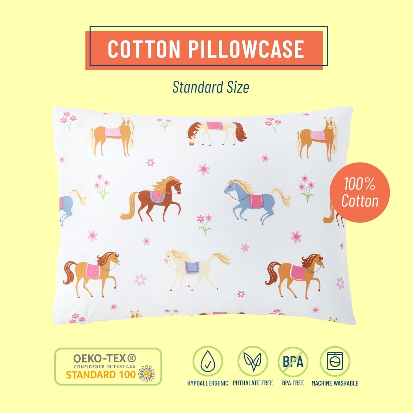 Wildkin 100% Cotton Kids Pillowcase - Soft, Breathable Standard Size (20x30) - Horses