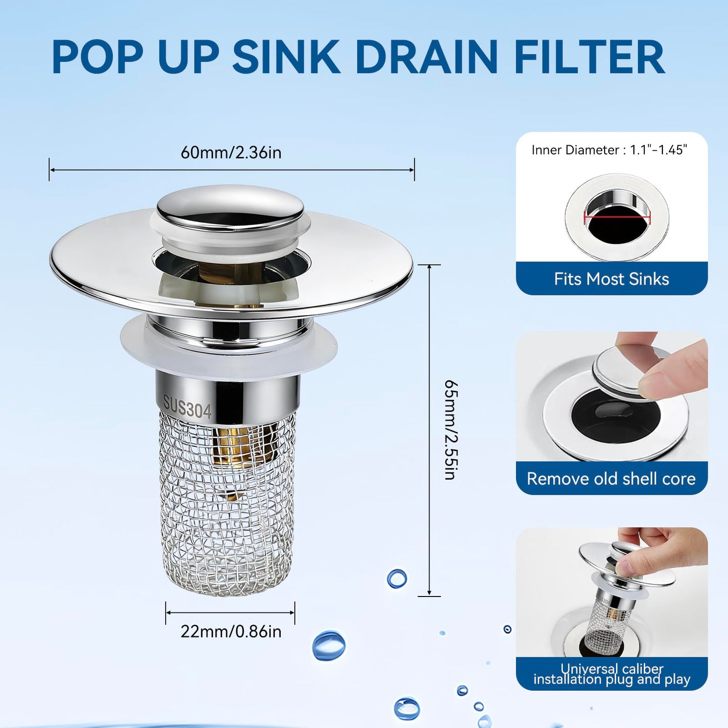 Universal Bathroom Sink Stopper & Hair Catcher, Stainless Steel Drain Filter Strainer, Anti-Clog Pop Up Drain Stopper for US Standard Bathroom Sinks(2PCS)