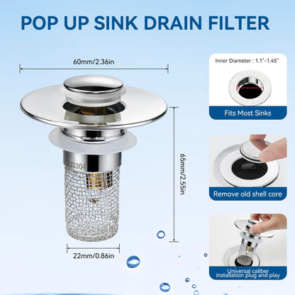 Universal Bathroom Sink Stopper & Hair Catcher, Stainless Steel Drain Filter Strainer, Anti-Clog Pop Up Drain Stopper for US Standard Bathroom Sinks(2PCS)
