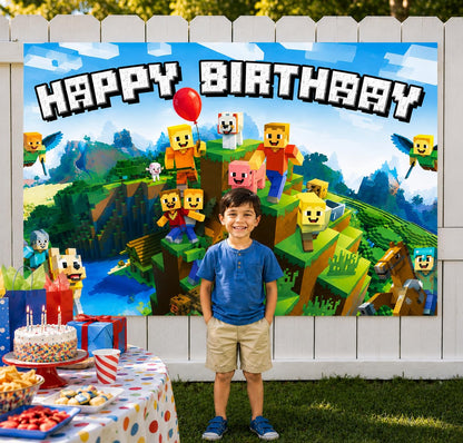 Happy Birthday Banner Boy 5x3ft Birthday Sign Village Gaming Birthday Party Decorations Videogame Themed Banner Video Game Decorations Video Game Happy Birthday Backdrop for Boys