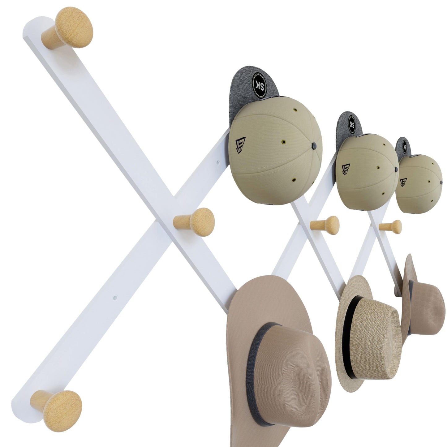 SKOLOO Large Hat Rack for Wall, Wooden Accordion Wall Hanger, Modern, Expandable Coat Hooks, Hat Display Rack for Home, Office, and Studio, 11 Peg, Natural & White